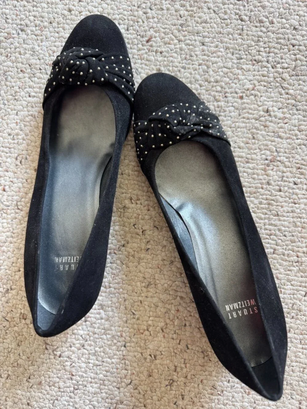Stuart Weitzman Black Suede Wedge Studded Knot Toe Shoe Sz 10 N